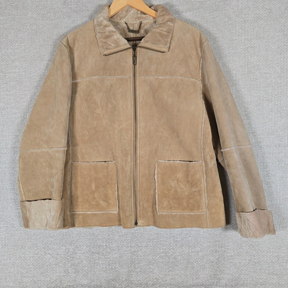 Vintage Winlit Womens L Tan Suede Leather Jacket Faux Fur Shearling Lined Zip